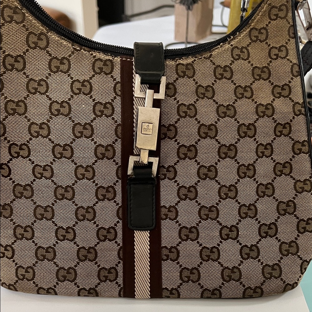 Gucci Brown Tan GG Canvas Shoulder Bag with Silver Hardware